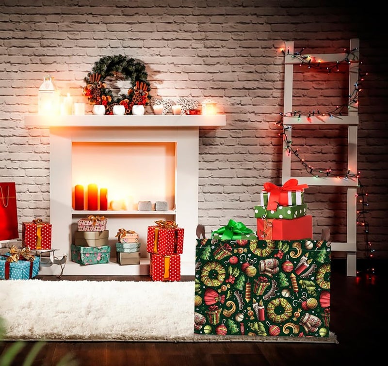 CLOCOR Rectangular Storage Basket,Collapsible Cute Pattern Storage Bin,Waterproof Books Box with Handles,Gift Basket(Green Christmas) - Image 5